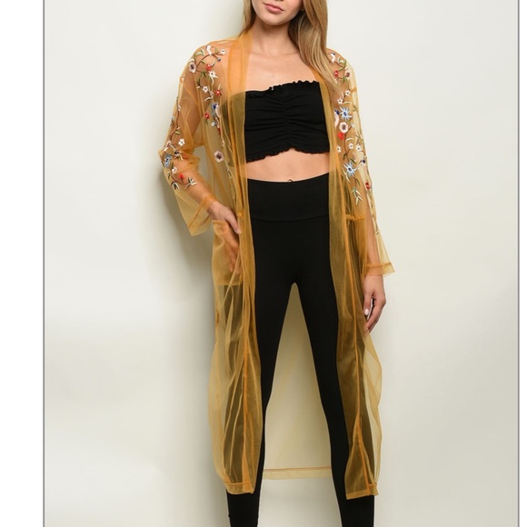 Trendy boutique Sweaters - Gold Long sleeve mesh embroidery duster kimono